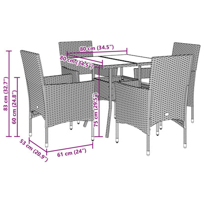 5pcs conjunto jantar jardim c/almofadões vime PE/vidro castanho