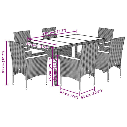 7 pcs conjunto jantar jardim c/ almofadões vime PE/acácia cinza