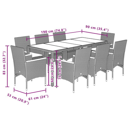 9 pcs conjunto jantar jardim c/ almofadões vime PE/vidro preto