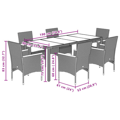 7 pcs conjunto jantar jardim com almofadões vime PE/vidro bege