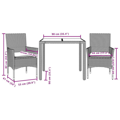 3 pcs conjunto jantar jardim c/ almofadões vime PE/acácia bege