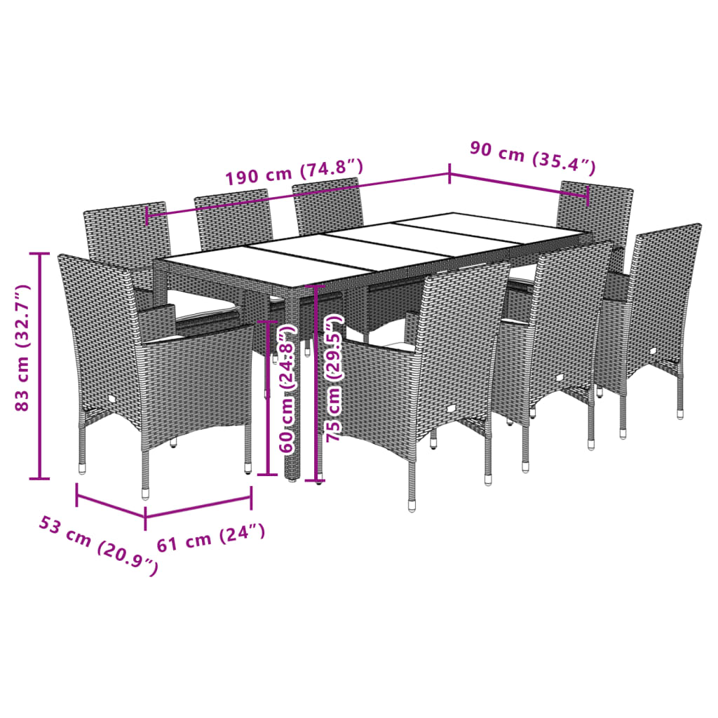 9 pcs conjunto jantar jardim c/ almofadões vime PE/acácia bege