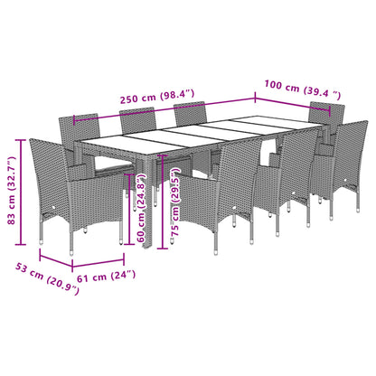 9 pcs conjunto jantar jardim c/ almofadões vime PE/acácia cinza