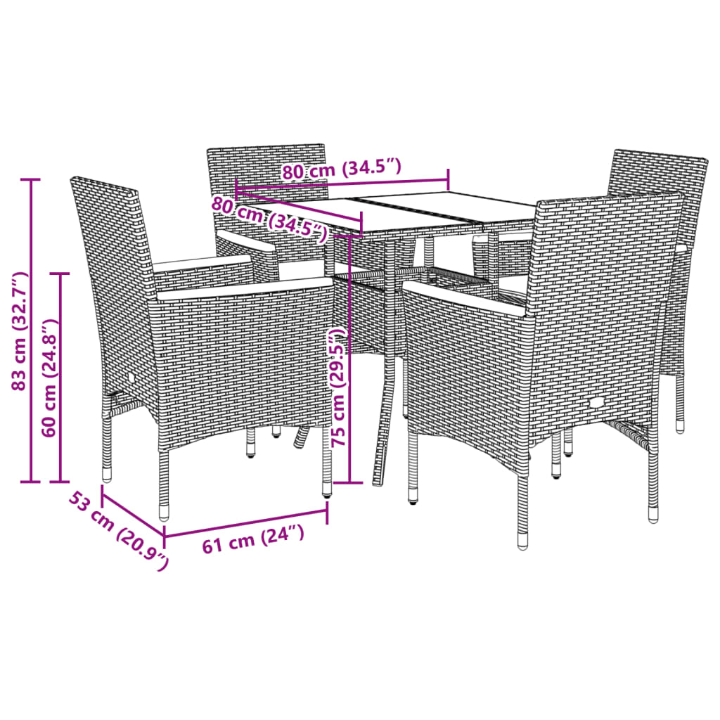 5 pcs conjunto jantar jardim c/ almofadões vime PE/acácia cinza