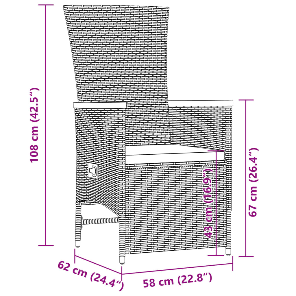 9 pcs conjunto de jantar p/ jardim c/ almofadões vime PE preto