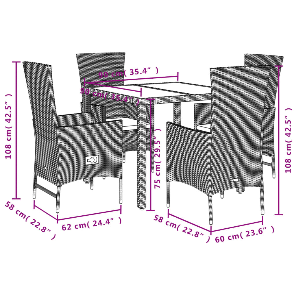 5 pcs conjunto de jantar p/ jardim com almofadões vime PE bege