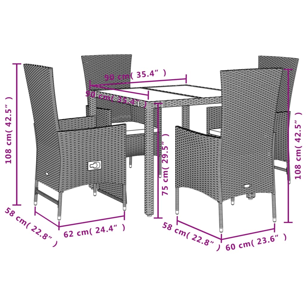 5 pcs conjunto de jantar p/ jardim com almofadões vime PE bege