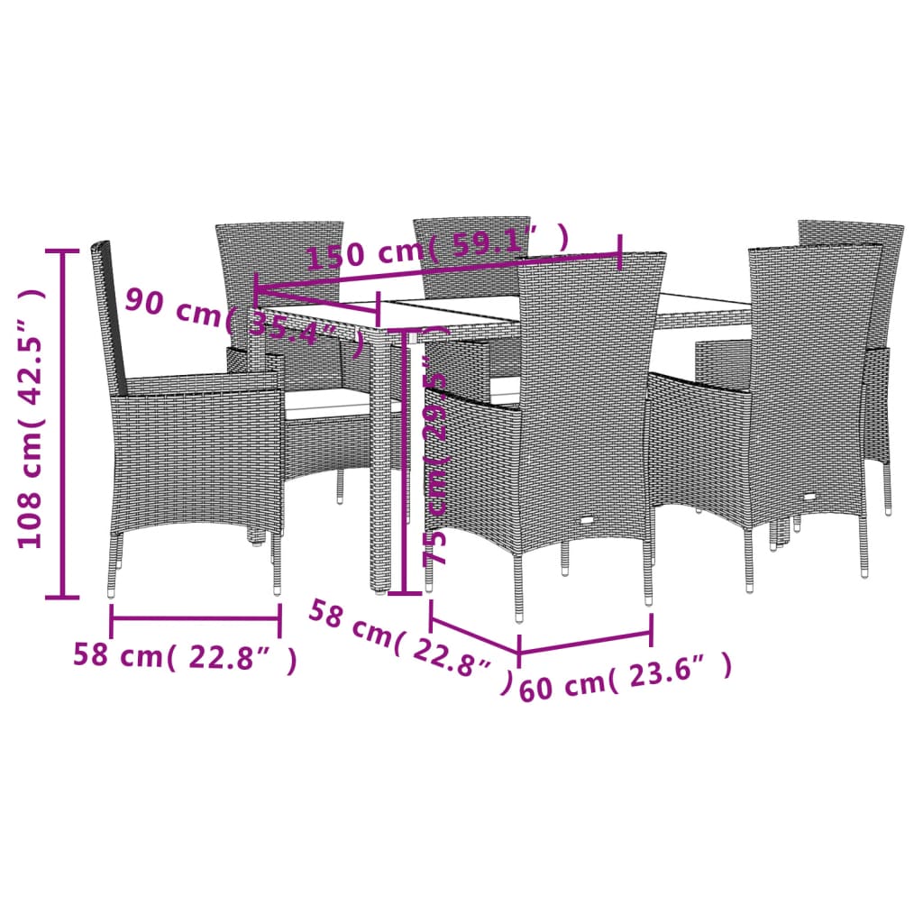 7 pcs conjunto de jantar p/ jardim com almofadões vime PE bege