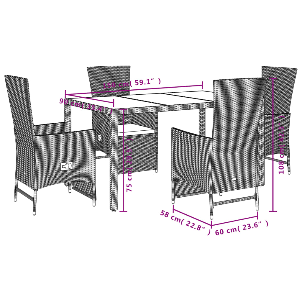 5 pcs conjunto de jantar p/ jardim com almofadões vime PE bege