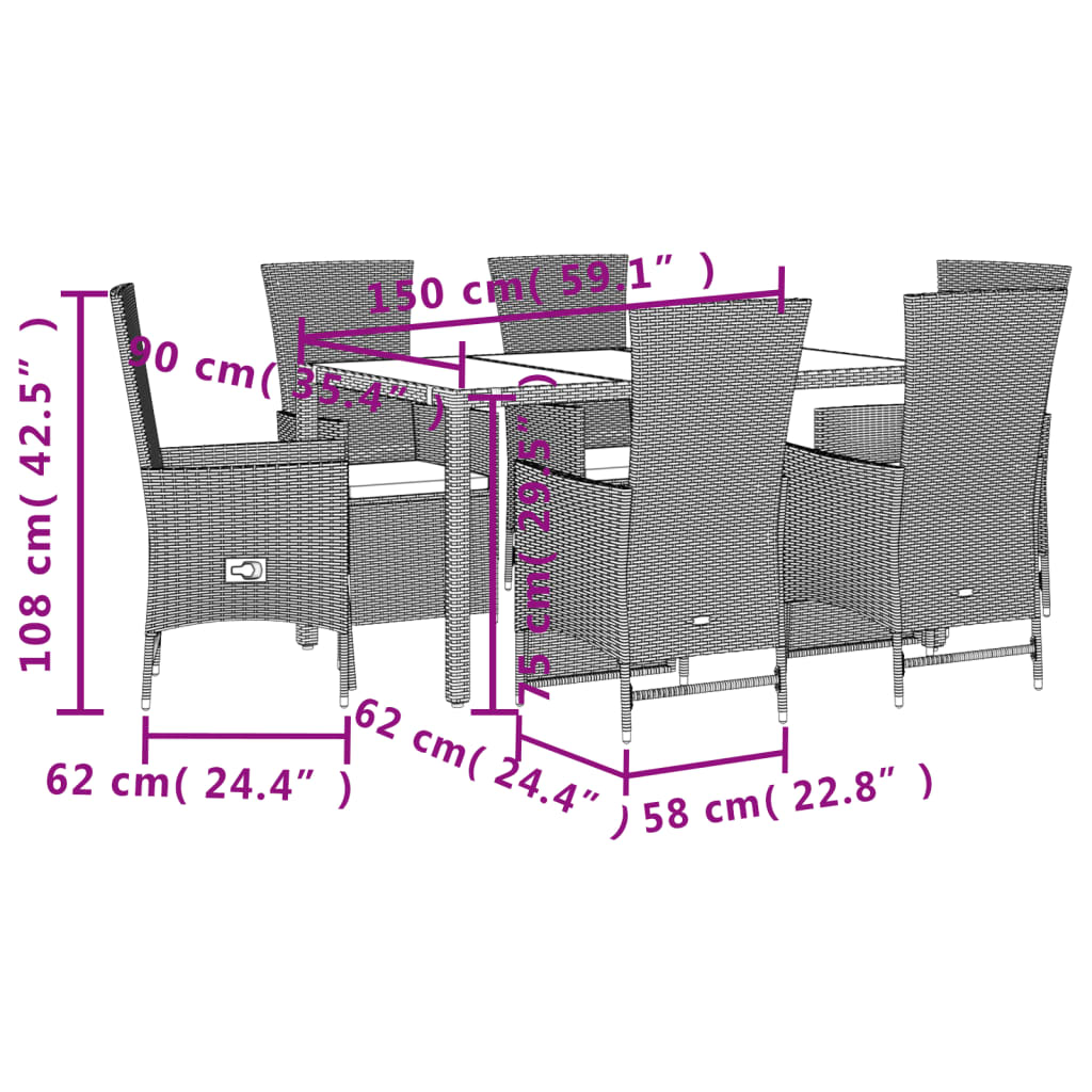 7 pcs conjunto de jantar p/ jardim com almofadões vime PE bege