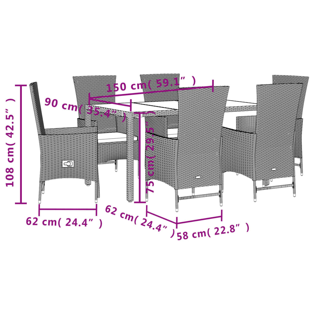 7 pcs conjunto de jantar p/ jardim com almofadões vime PE bege