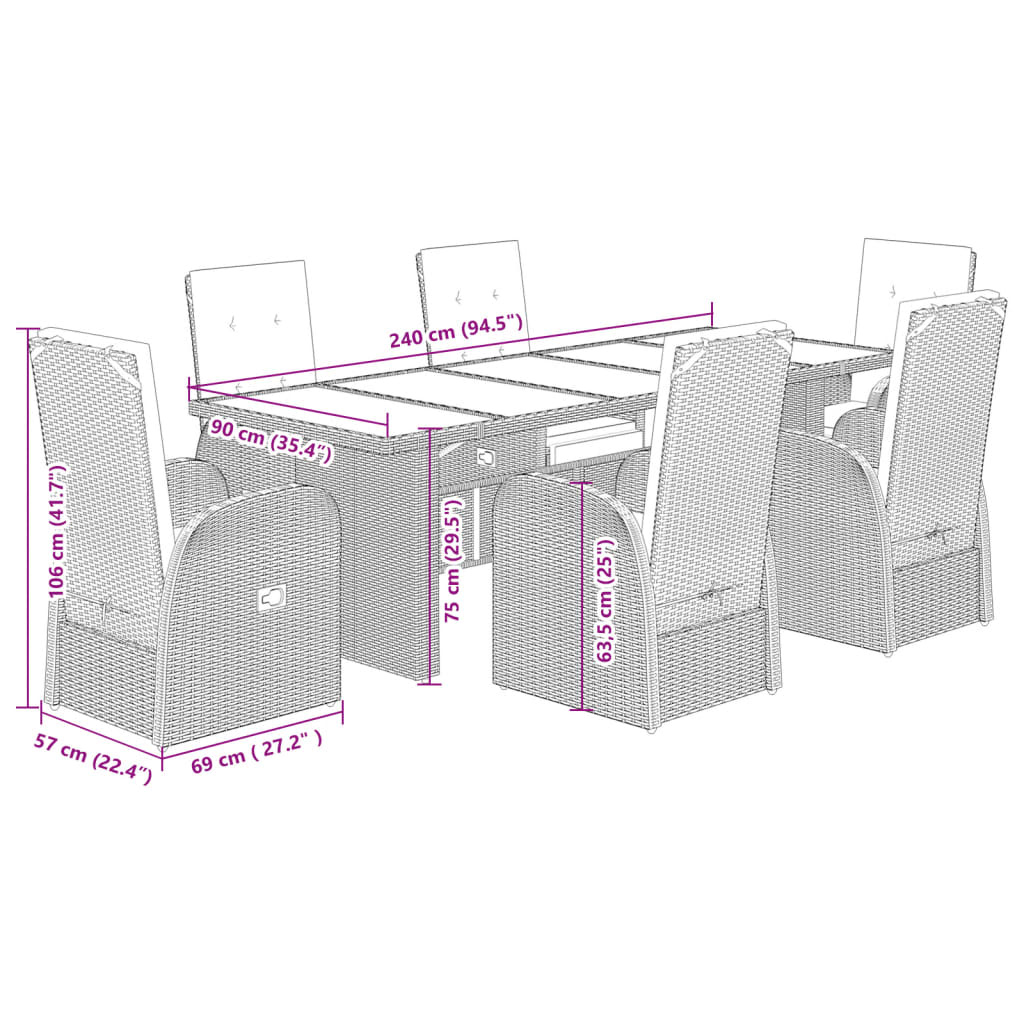 7 pcs conjunto de jantar p/ jardim c/ almofadões vime PE cinza