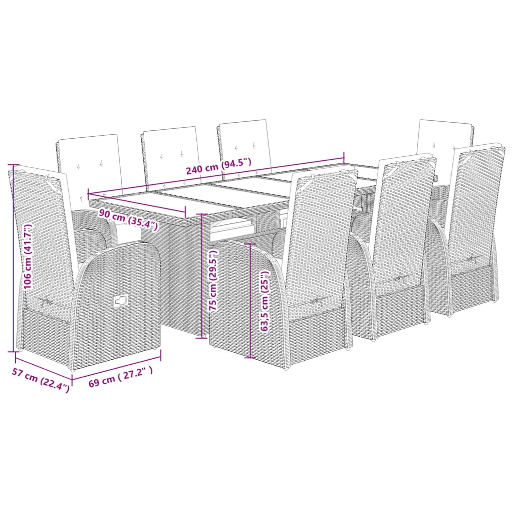 9 pcs conjunto de jantar p/ jardim c/ almofadões vime PE cinza