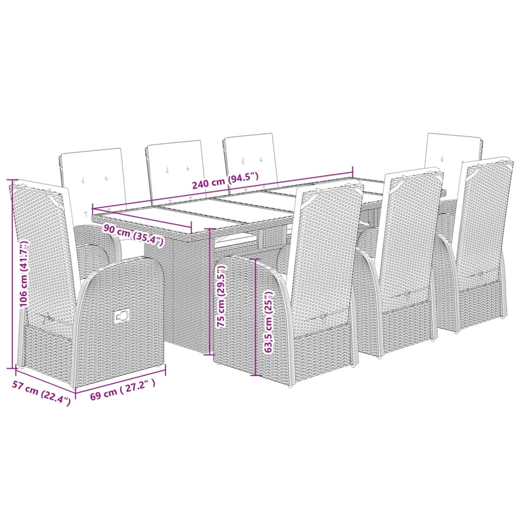 9 pcs conjunto de jantar p/ jardim c/ almofadões vime PE cinza