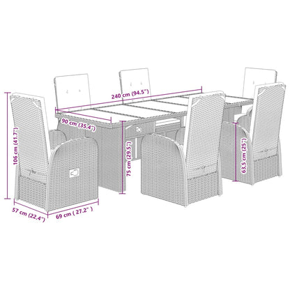 7 pcs conjunto de jantar p/ jardim c/ almofadões vime PE cinza