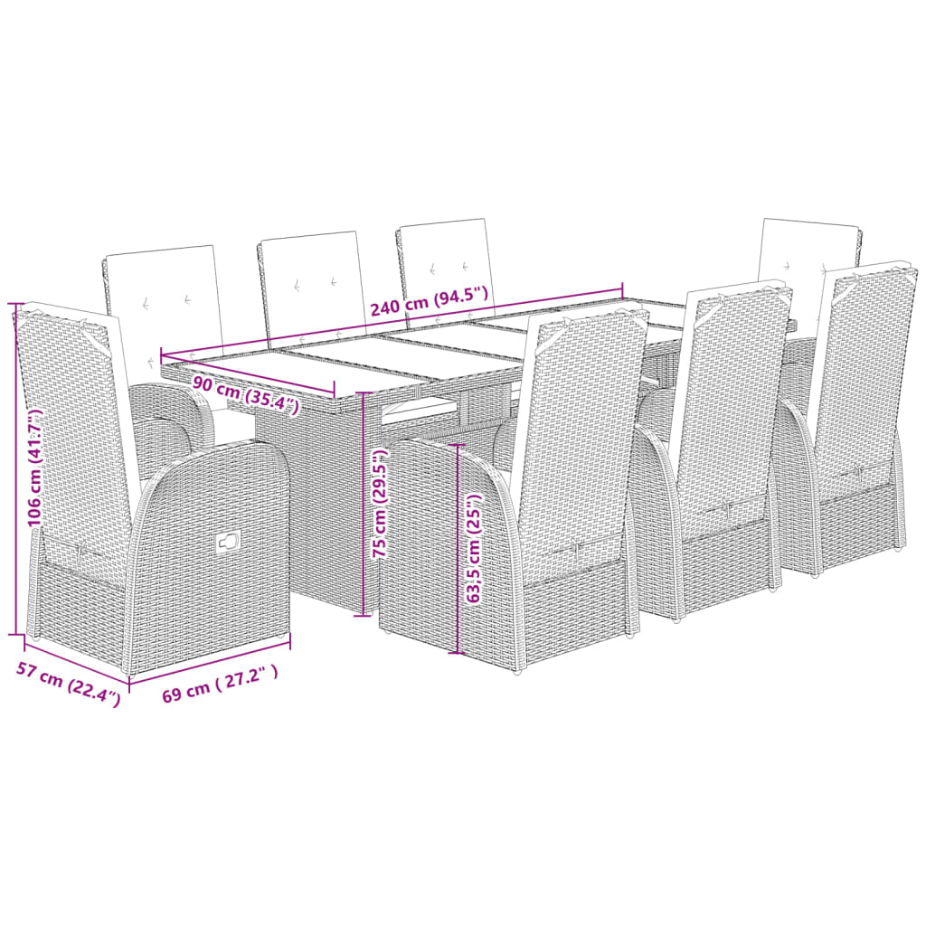 9 pcs conjunto de jantar p/ jardim c/ almofadões vime PE cinza