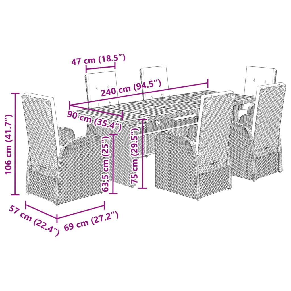 7 pcs conjunto de jantar p/ jardim c/ almofadões vime PE cinza