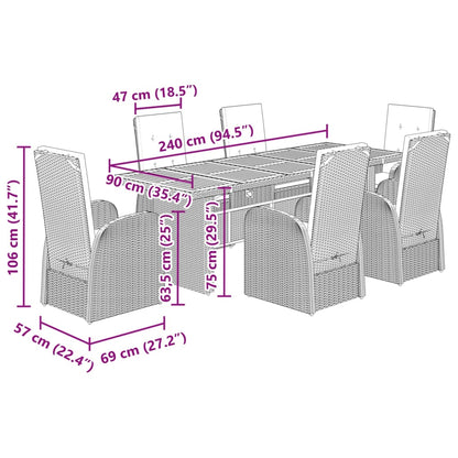 7 pcs conjunto de jantar p/ jardim c/ almofadões vime PE cinza