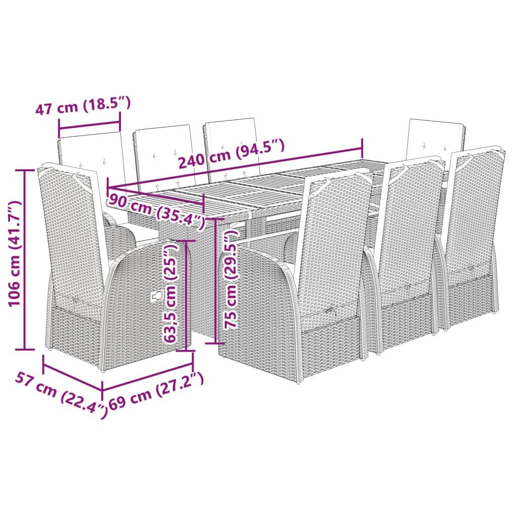 9 pcs conjunto de jantar p/ jardim c/ almofadões vime PE cinza