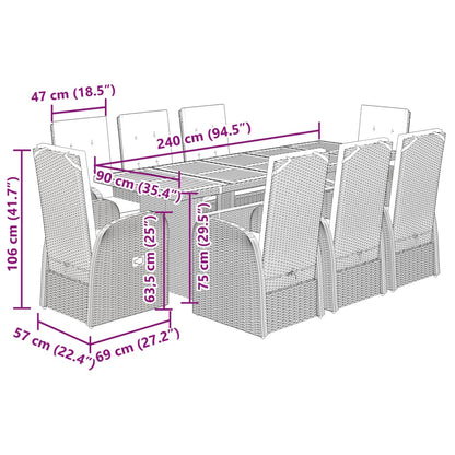 9 pcs conjunto de jantar p/ jardim c/ almofadões vime PE cinza