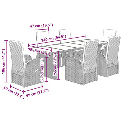 7 pcs conjunto de jantar p/ jardim c/ almofadões vime PE cinza