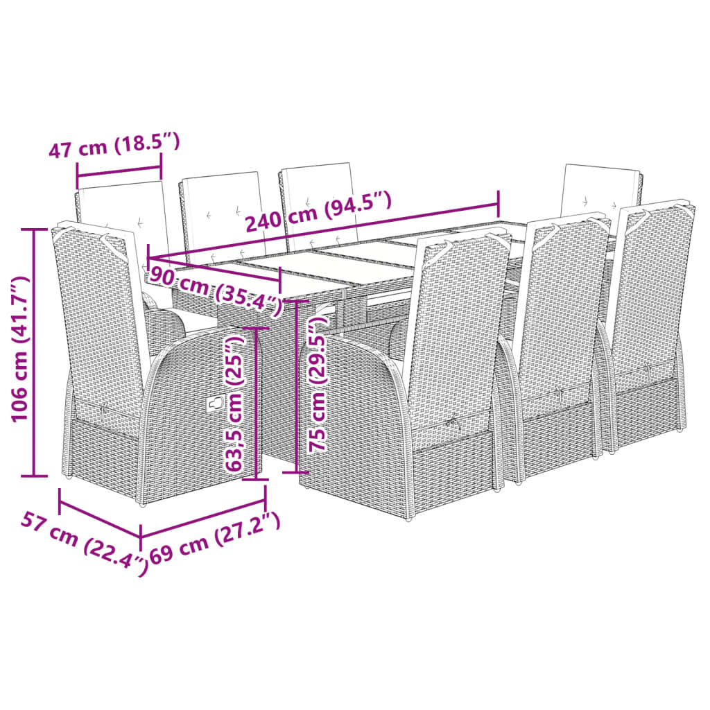 9 pcs conjunto de jantar p/ jardim c/ almofadões vime PE cinza