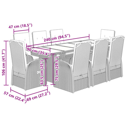 9 pcs conjunto de jantar p/ jardim c/ almofadões vime PE cinza