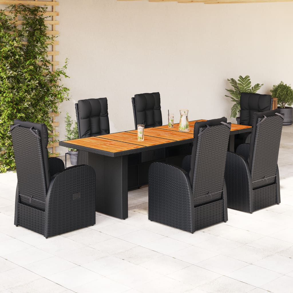 7 pcs conjunto de jantar p/ jardim c/ almofadões vime PE preto