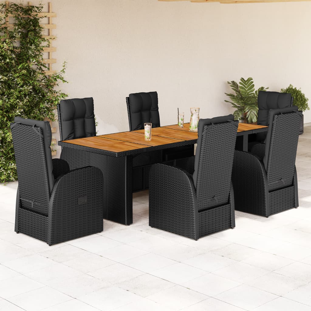 7 pcs conjunto de jantar p/ jardim c/ almofadões vime PE preto