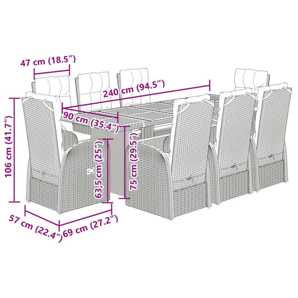 9 pcs conjunto de jantar p/ jardim c/ almofadões vime PE preto