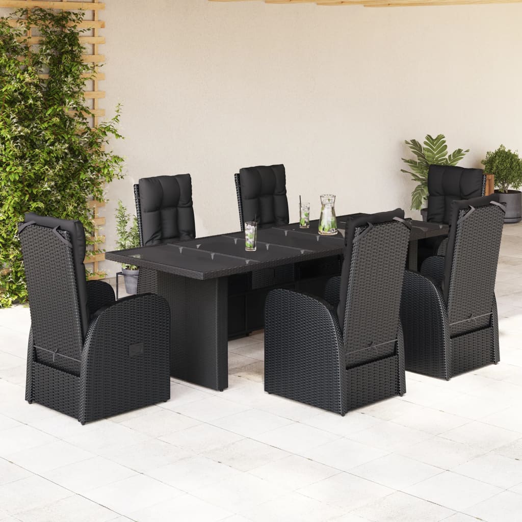 7 pcs conjunto de jantar p/ jardim c/ almofadões vime PE preto