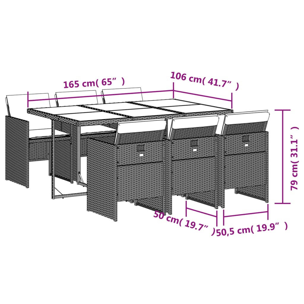 7 pcs conjunto de jantar p/ jardim com almofadões vime PE bege