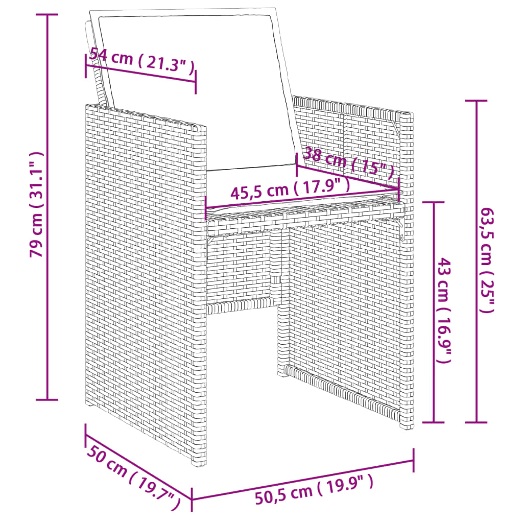 7 pcs conjunto de jantar p/ jardim com almofadões vime PE bege