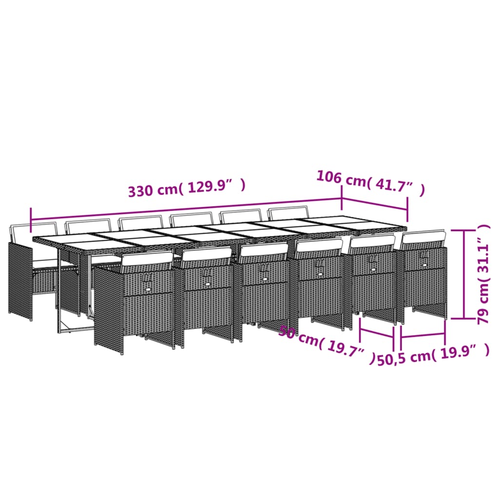 13 pcs conjunto jantar p/ jardim c/ almofadões vime PE cinzento