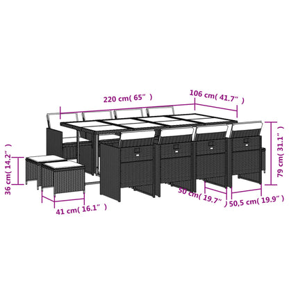 13 pcs conjunto de jantar p/jardim com almofadões vime PE preto