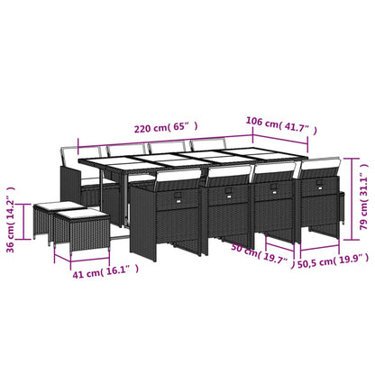 13 pcs conj. jantar jardim c/ almofadões vime PE cinzento-claro