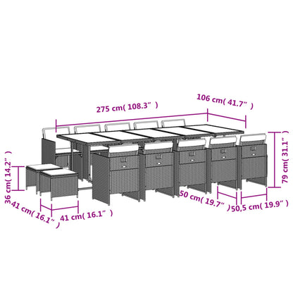 15 pcs conjunto de jantar p/jardim com almofadões vime PE preto