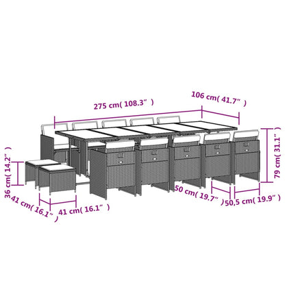 15 pcs conjunto de jantar p/ jardim com almofadões vime PE bege