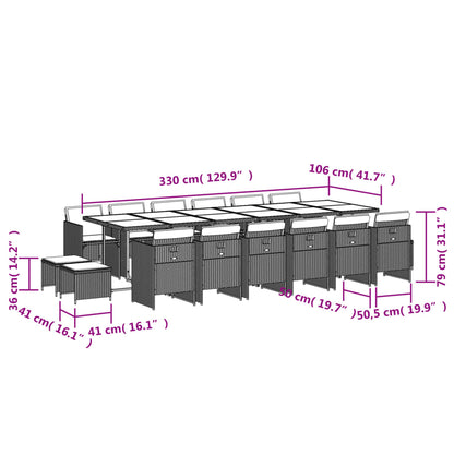 17 pcs conj. de jantar p/ jardim c/ almofadões vime PE cinzento