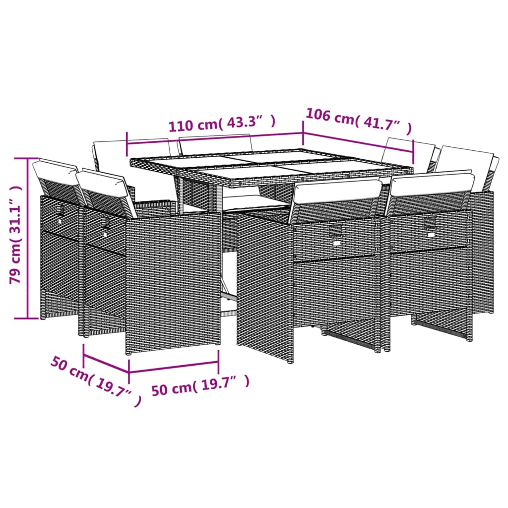 9 pcs conjunto de jantar p/ jardim c/ almofadões vime PE cinza