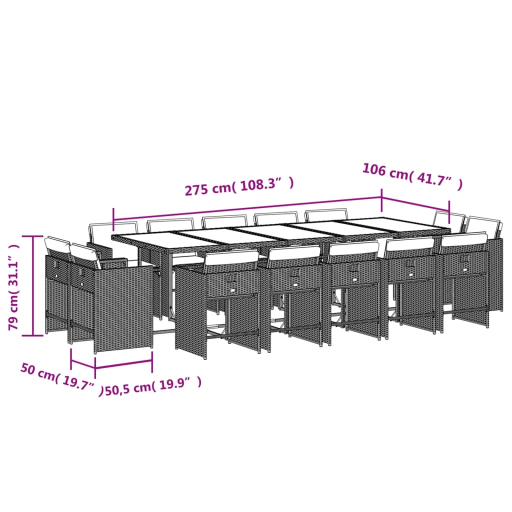 15 pcs conj. jantar jardim c/ almofadões vime PE cinzento-claro