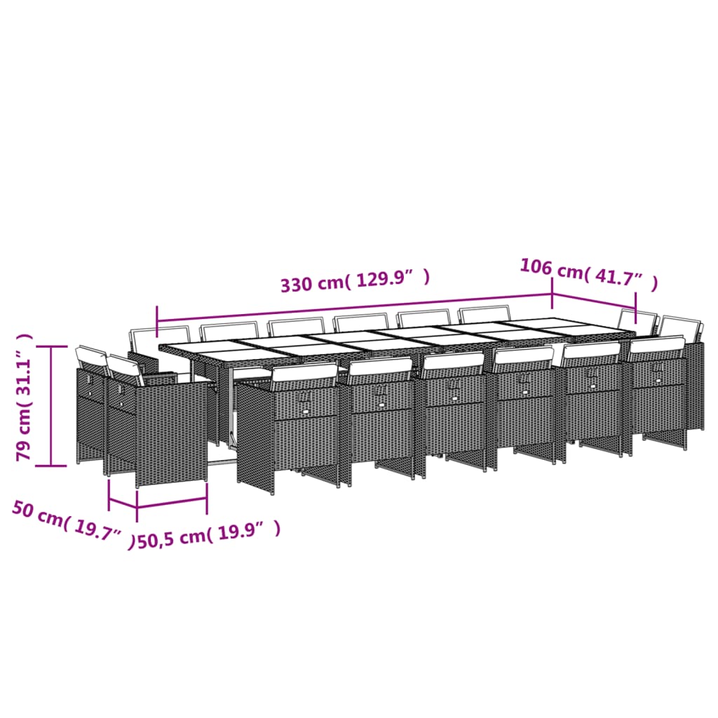 17 pcs conj. jantar jardim c/ almofadões vime PE cinzento-claro