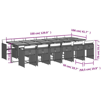 13 pcs conjunto jantar p/ jardim c/ almofadões vime PE cinzento