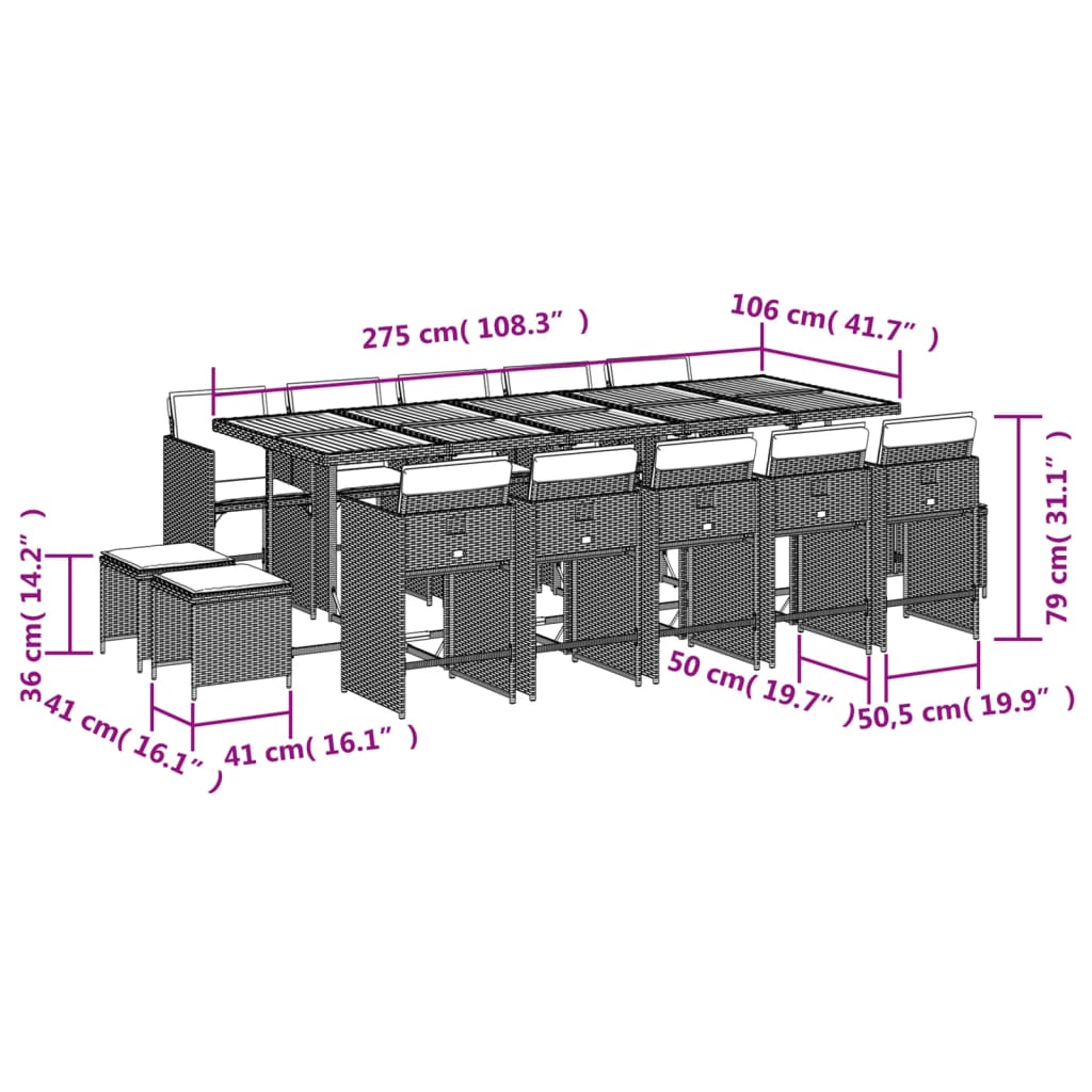 15 pcs conjunto de jantar p/ jardim com almofadões vime PE bege