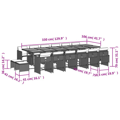 17 pcs conjunto de jantar p/ jardim c/ almofadões vime PE preto