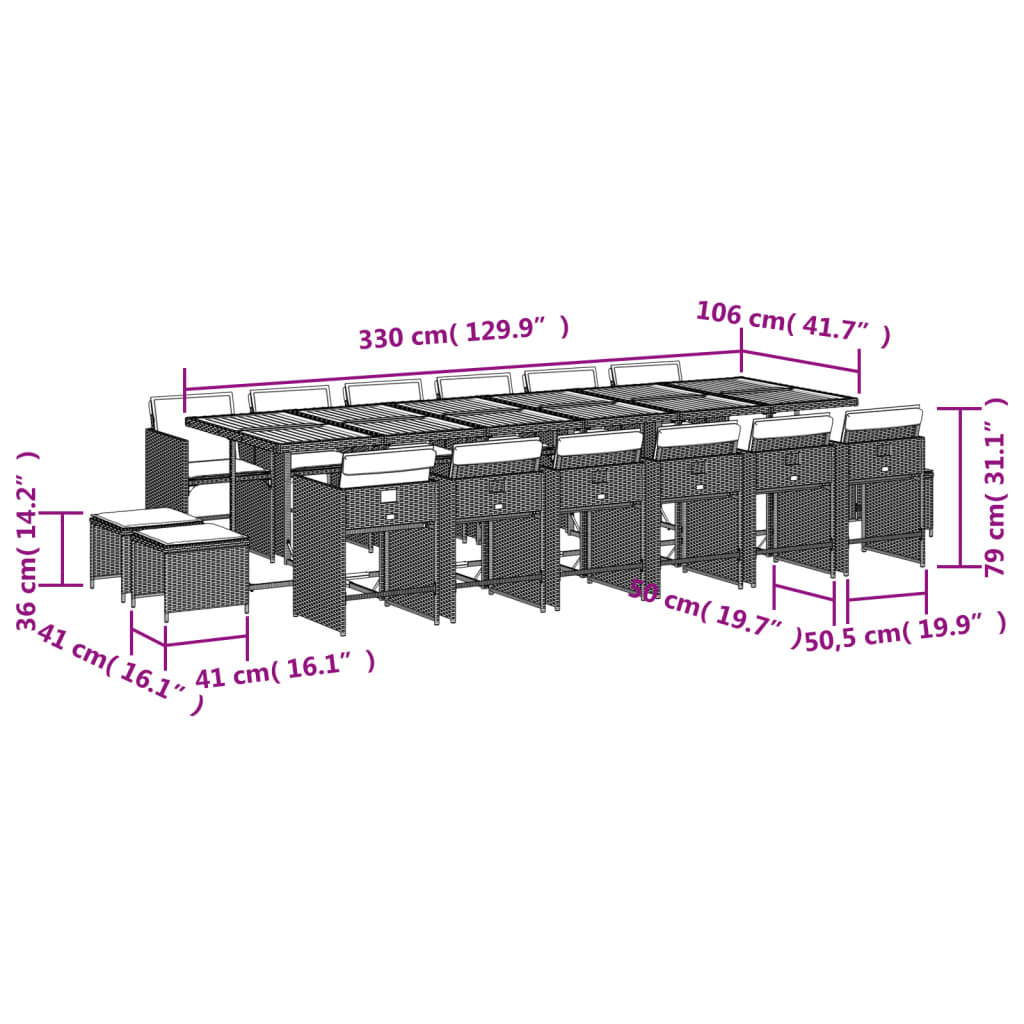 17 pcs conjunto de jantar p/ jardim c/ almofadões vime PE bege