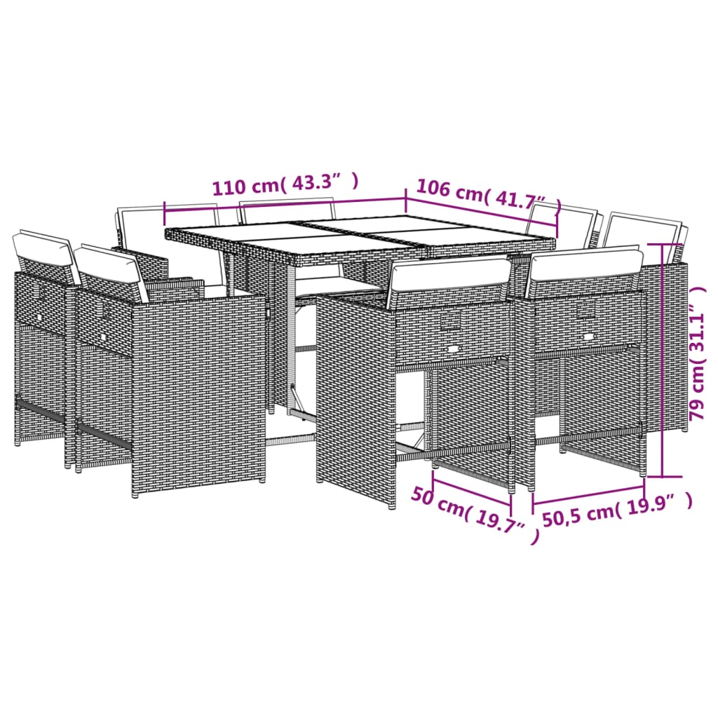 9 pcs conjunto de jantar p/ jardim c/ almofadões vime PE cinza