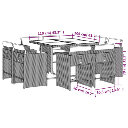 9 pcs conjunto de jantar p/ jardim c/ almofadões vime PE cinza