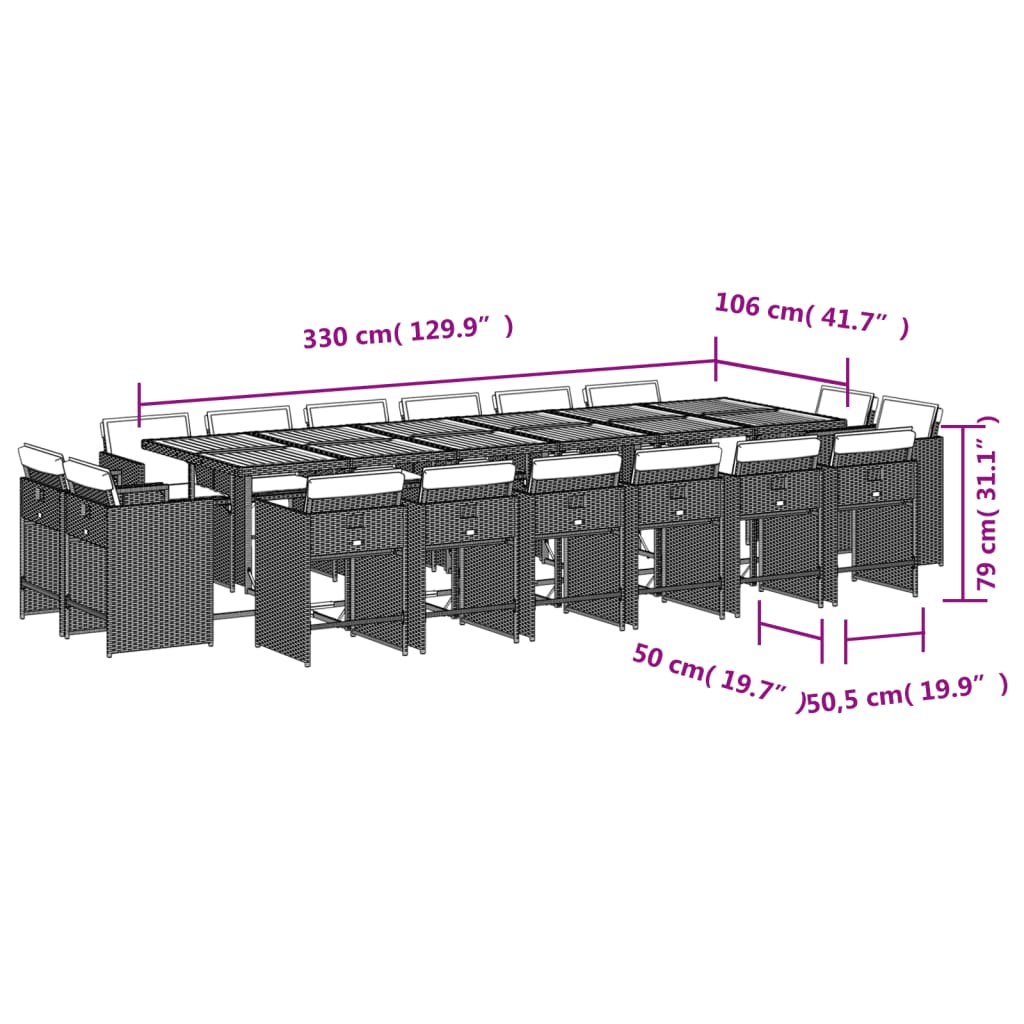 17 pcs conjunto de jantar p/ jardim c/ almofadões vime PE preto