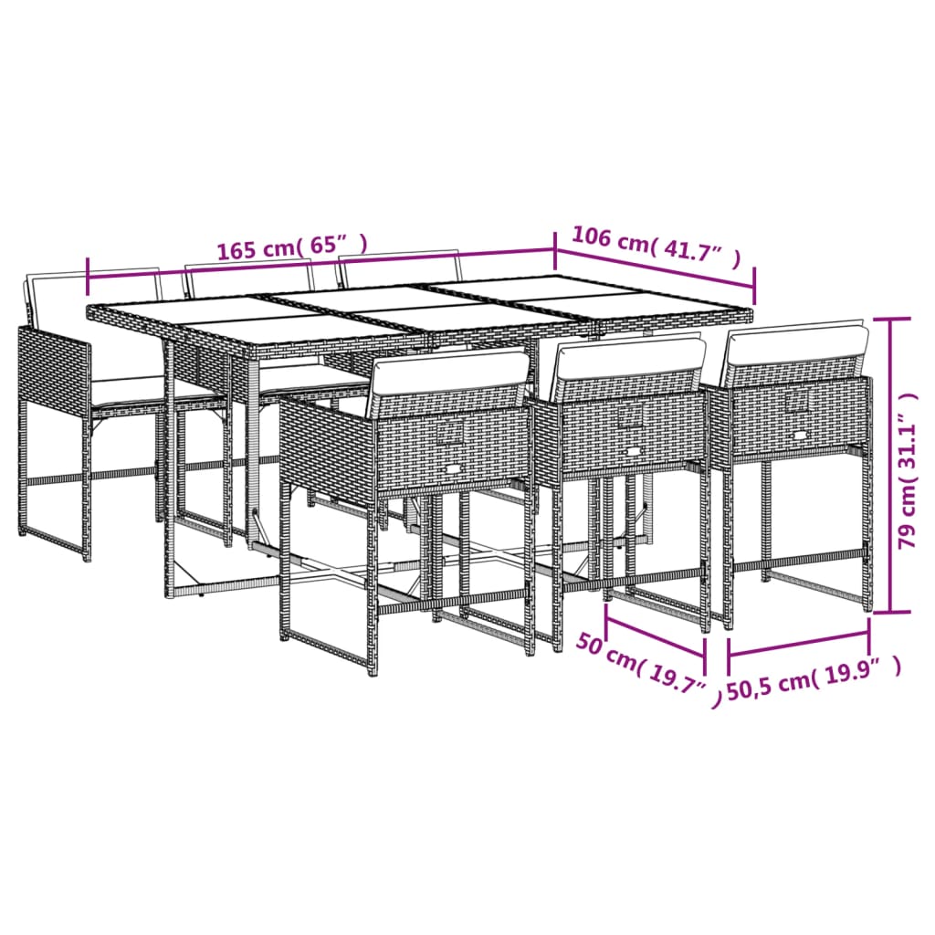 7 pcs conjunto de jantar p/ jardim com almofadões vime PE bege